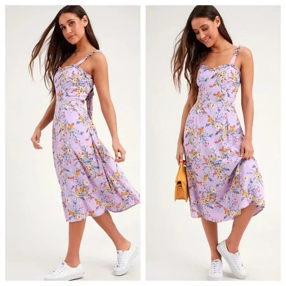 Lulu’s Lavender Floral Tie Cutout Back Midi Dress - Picture 3 of 6